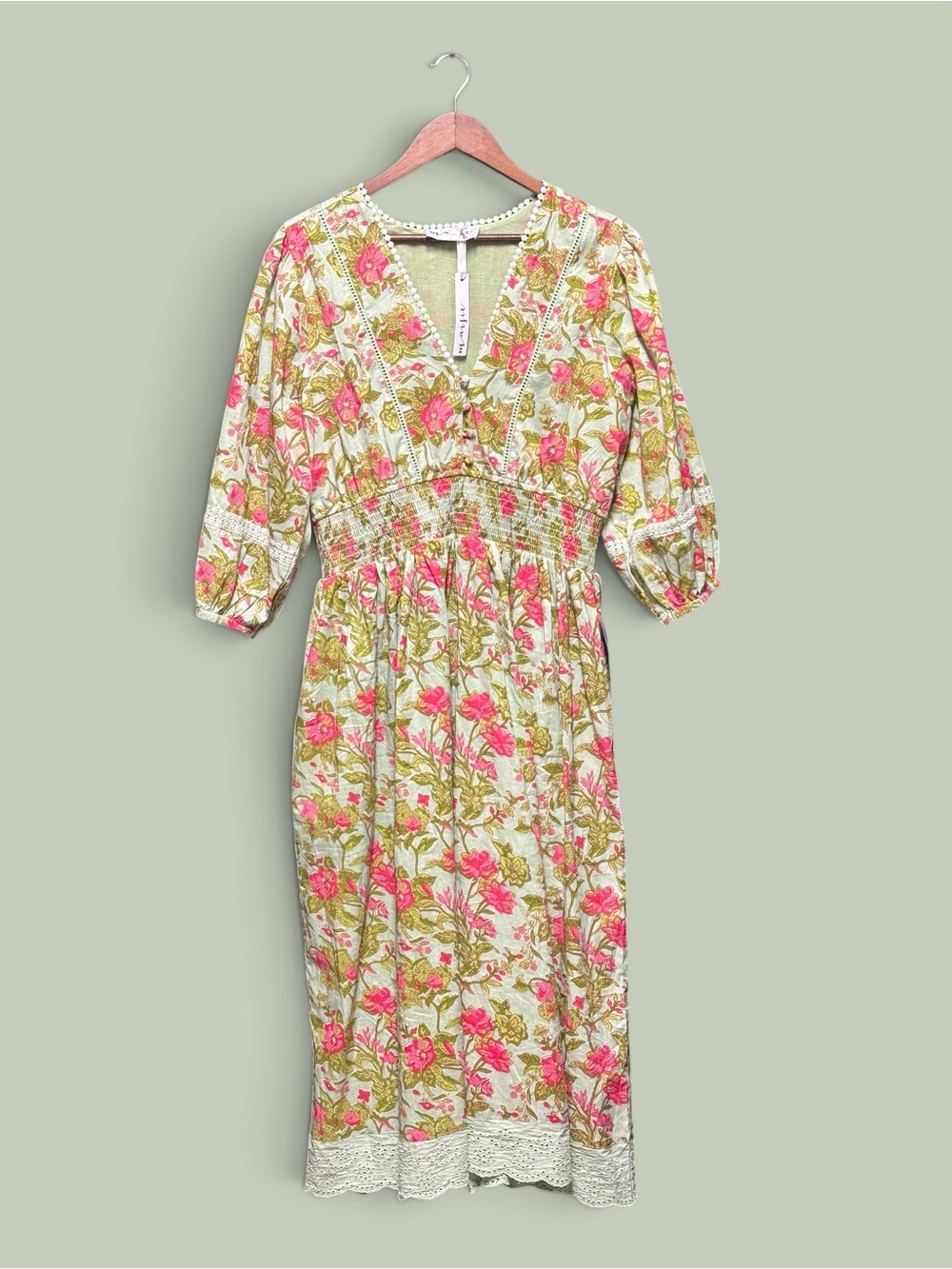 Nordstrom Cream Midi Dress with Pink Floral and Green Leaf Print